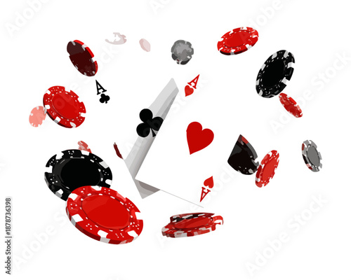 Carte da gioco e fiches da casinò rosse e nere che volano su sfondo trasparente, concetto di azzardo.
