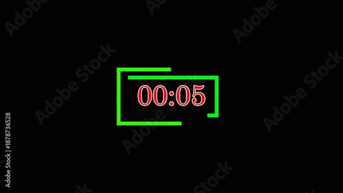 5 Second Digital Countdown Timer with green Neon Frame on Black Background.