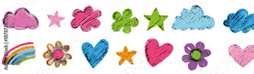 Set di adesivi disegnati a mano con nuvole, cuori, fiori e stelle su sfondo trasparente.