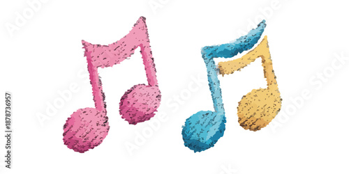 Note musicali colorate disegnate a mano con texture su sfondo trasparente, simbolo di melodia.