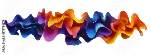 Onda astratta fluida con sfumature vibranti di blu, viola e arancione su sfondo bianco isolato.