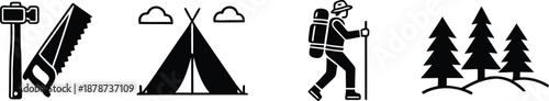 Black and white icons of camping equipment including a tent and hiker plus trees and backpack for forest hiking and scout adventure or mountain camping and outdoor travel branding