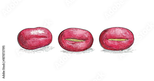 Tre chicchi di caffè rossi illustrati a mano con sfondo trasparente, primo piano botanico dettagliato.