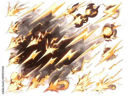 Collezione di effetti visivi di fulmini, scintille e scariche elettriche stilizzate su sfondo trasparente.