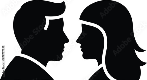 Romantic black and white silhouettes of a man and a woman facing each other with a cat sitting between them for family and pet bonding or domestic lifestyle and relationship branding projects