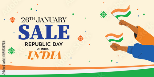 Republic Day Sale India Banner with Patriotic Hands Holding Flags
