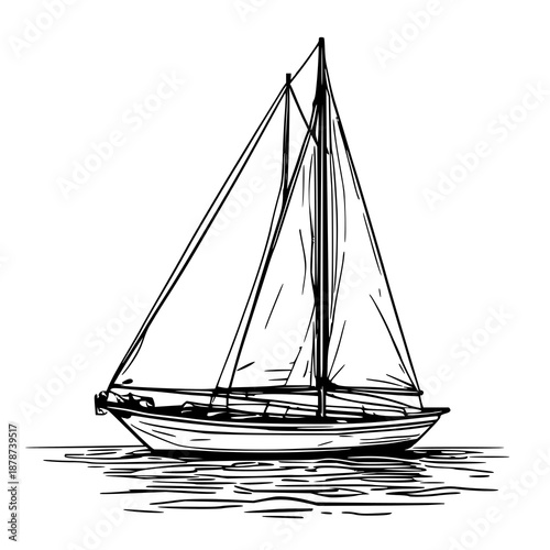 Minimalist Black Line Art Illustration of a Simple Sailboat Hull Floating on Calm Water, Perfect for Nautical Themes or Coastal Branding