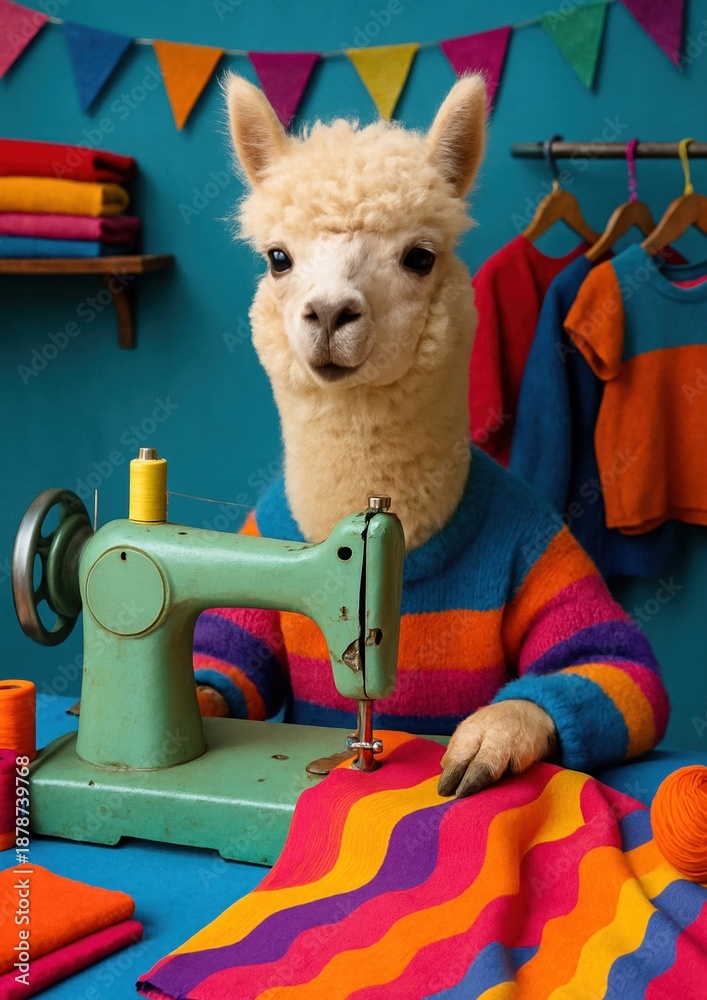 Obraz premium Colorful llama sewing scene