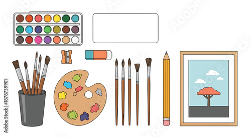 Detailed set of artist tools including watercolor paints, various brushes, a palette, pencils, and a framed picture of a tree.