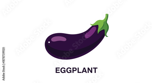 Realistic purple eggplant illustration with its green stem and the word Eggplant written in bold letters below.