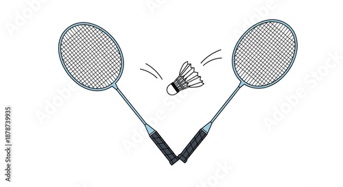 Two crossed badminton rackets and a white shuttlecock in flight illustrated on a plain white background for sports theme.