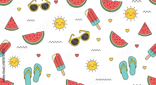 Playful summer seamless pattern featuring happy suns, watermelon slices, popsicles, sunglasses, and flip flops on a white background.