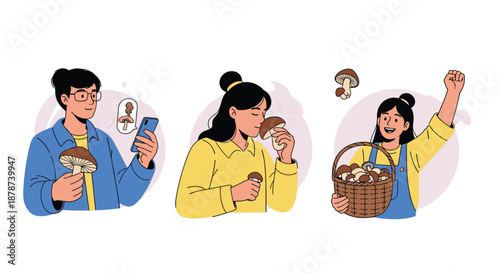 Collection of cartoon illustrations showing people harvesting edible mushrooms while identifying them with a smartphone and smelling them in nature.