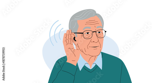 Elderly man wearing glasses and using a modern hearing aid while cupping his hand to his ear to listen better on a plain background.