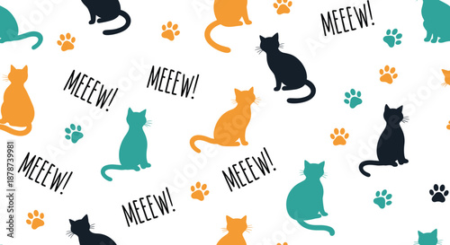 Playful seamless pattern featuring colorful cat silhouettes, paw prints, and the word Meew on a white background for pet lovers and kids.
