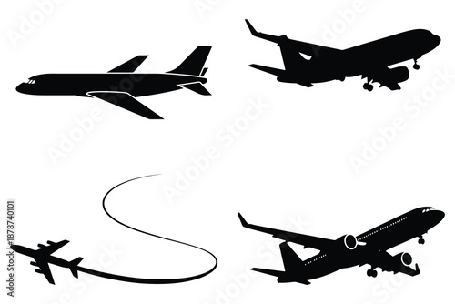 Four Black Airplanes in Different Flight Positions
