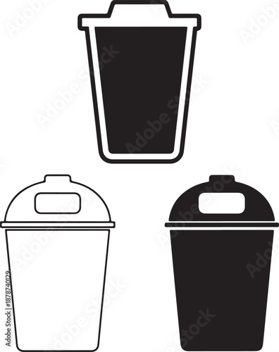 Trash can icons set isolated on white background, featuring both outline and solid styles for waste management concepts
