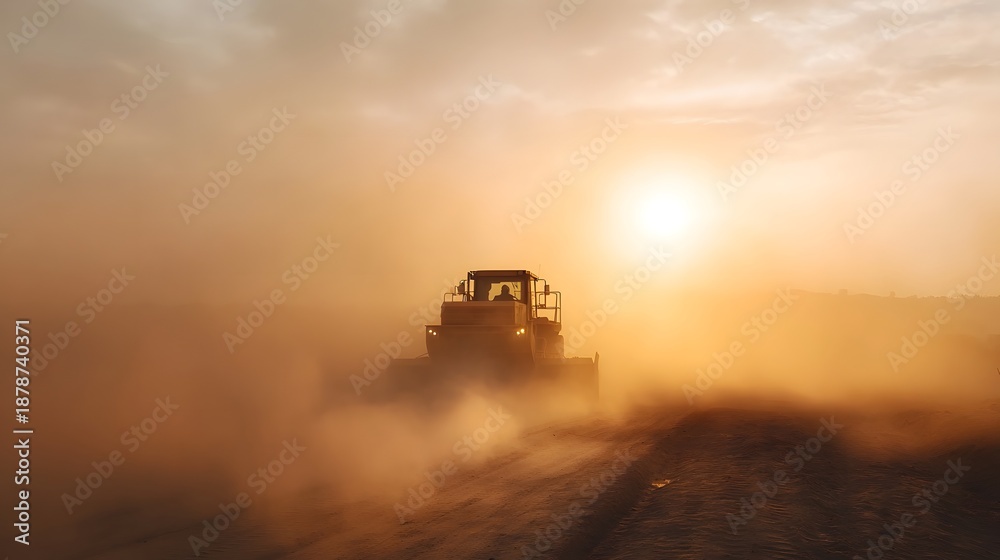 Fototapeta premium Yellow bulldozer operating in a dusty environment under the warm hazy glow of sunrise or sunset