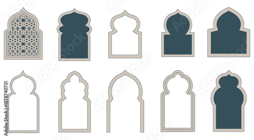 Islamic and Moroccan arches set, ornate patterns, traditional architectural forms, cultural artwork, decorative layouts, Islamic design inspiration, vector graphics for projects.