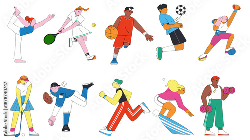 Diverse group of cartoon characters engaging in various sports and fitness activities.
