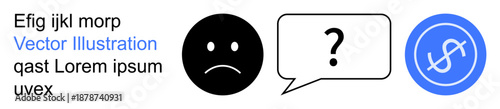 Emotional expression, communication, uncertainty, finance, problem-solving, decision-making. Sad face icon, speech bubble with a question mark and a dollar symbol in a blue circle. Emotional
