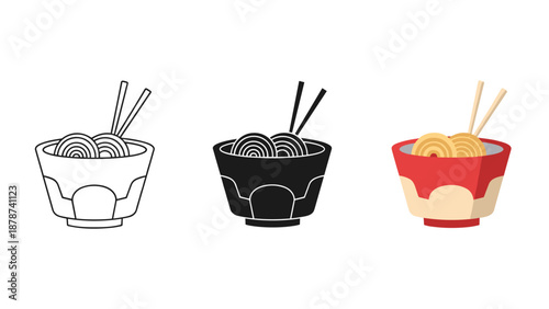 Colorful ramen bowls with noodles and chopsticks in black white and red
