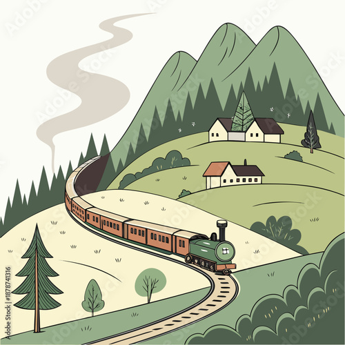 Green steam train on curved track in hill station with houses and mountains