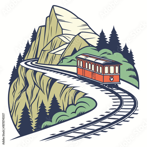 Red train on curved tracks in front of mountain transportation