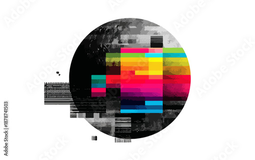Diseño abstracto de círculo con píxeles de colores brillantes y efecto glitch sobre fondo blanco