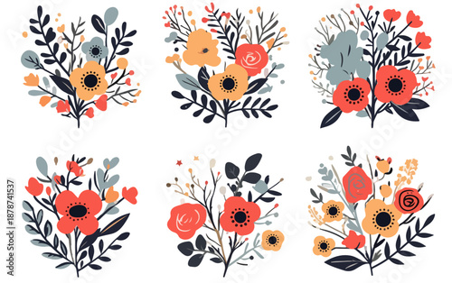 Seis ramilletes florales dibujados a mano con flores silvestres y follaje en tonos cálidos y fríos sobre fondo transparente.