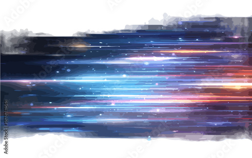 Fondo abstracto de rayas de luz azul y naranja con efecto de velocidad y partículas brillantes sobre fondo blanco.
