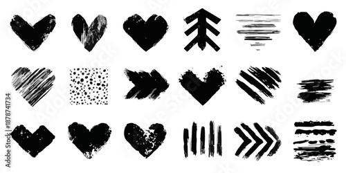 Colección de iconos y formas abstractas dibujadas a mano con textura de pincel negro sobre fondo transparente.