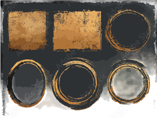 Conjunto de marcos y texturas grunge en tonos dorados y negros, perfectos para diseño digital.