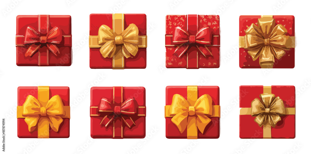 Fototapeta premium Colección de ocho cajas de regalo cuadradas rojas con lazos dorados y rojos sobre fondo blanco.