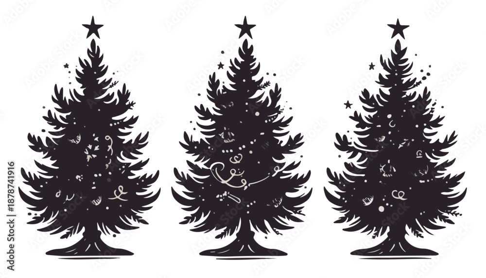 Obraz premium Conjunto de siluetas de árboles de Navidad decorados y sin decorar con estrella en la cima.
