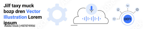 Cloud computing, voice control, decentralized finance, technology connectivity, digital networks, sound recognition. Gear icon and microphone above a cloud. Cloud computing and voice control concept
