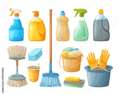 Colección de herramientas y productos de limpieza doméstica con fondo transparente para desinfección y aseo.