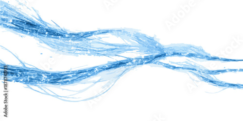 Ondas dinámicas de filamentos azules brillantes con efecto de agua o fibra sobre fondo blanco transparente.