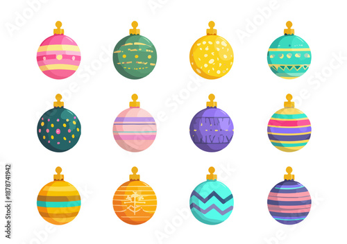Colección de doce adornos navideños esféricos con patrones y colores variados, ideales para decoración festiva.