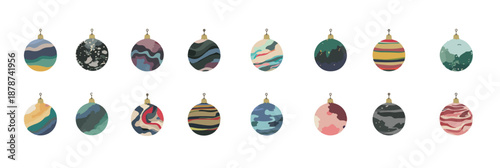 Colección de doce adornos navideños esféricos con texturas abstractas y fondo transparente