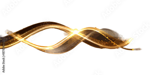 Línea abstracta dorada brillante con efecto de onda luminosa y partículas sobre fondo blanco.