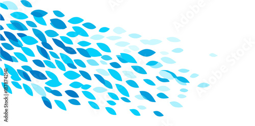 Fondo abstracto con hojas azules flotando y degradándose sobre fondo blanco, diseño transparente.