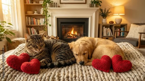 Wallpaper Mural Striped cat and puppy sleeping together on knit blanket with red hearts by fireplace Torontodigital.ca