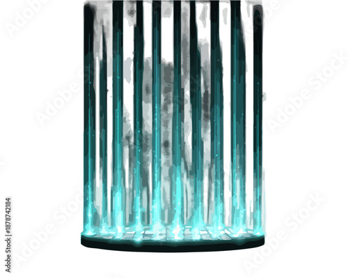 Ilustración abstracta de un cilindro vertical con líneas azules brillantes y efecto de transparencia aislado.