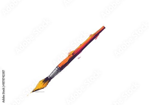 Pincel de artista aislado con cerdas amarillas y mango de madera sobre fondo blanco, ideal para diseño.