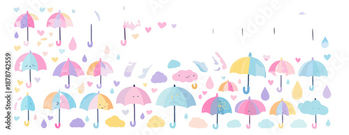 Patrón de paraguas y gotas de lluvia pastel dibujados a mano sobre fondo transparente para diseño.