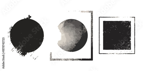 Colección de sellos y formas abstractas en blanco y negro con textura grunge y fondo transparente.