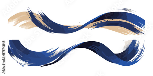 Conjunto de dos pinceladas abstractas onduladas en tonos azul marino y beige sobre fondo blanco.