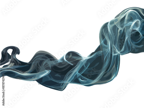 Onda de humo azul oscuro y etéreo fluyendo horizontalmente sobre fondo blanco aislado