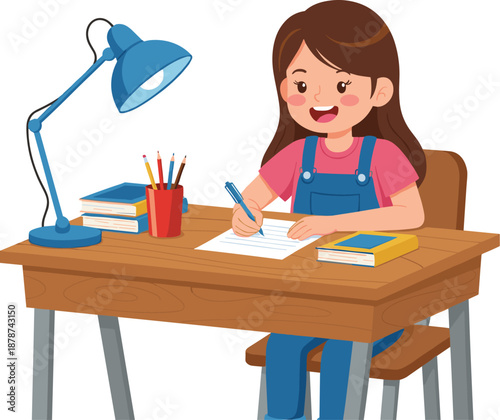 Happy school girl doing homework at desk vector illustration with books lamp and study supplies